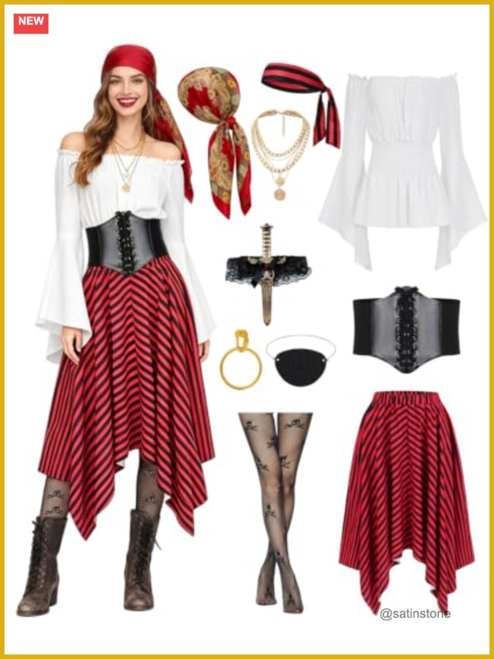 9pc Adult Pirate Costume Set Polyester Shirt Skirt Cosplay Halloween Dress Up